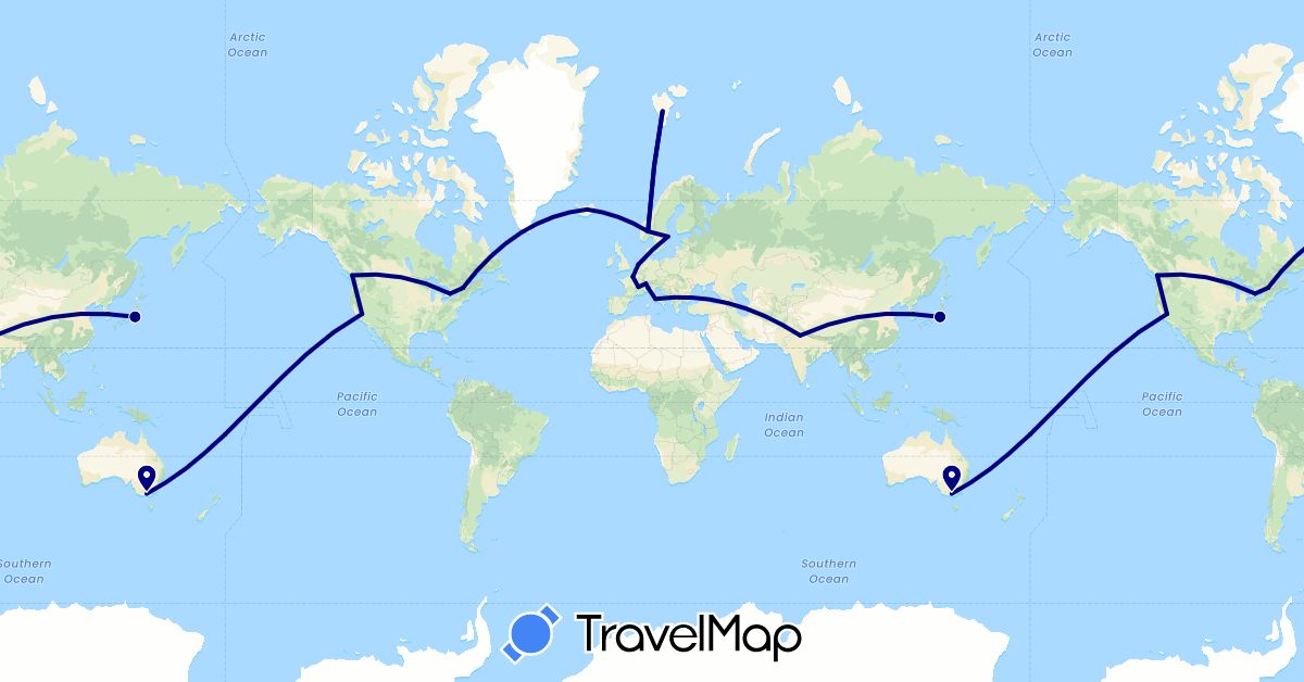 TravelMap itinerary: driving in Australia, Canada, Switzerland, France, India, Iceland, Italy, Japan, South Korea, Netherlands, Norway, Sweden, United States (Asia, Europe, North America, Oceania)